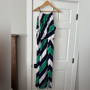 London Times Navy, Green, and White Striped Dress